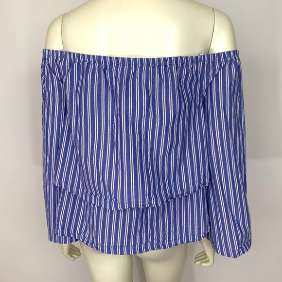 J.O.A. Lace Up Off The Shoulder Stripe Blue Top - Picture 5 of 8